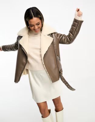 Glamorous chunky aviator jacket in brown and cream shearling | ASOS (Global)