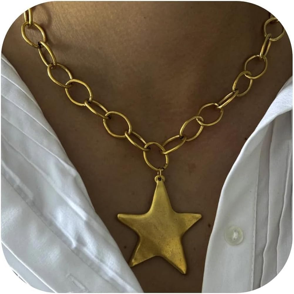 Star Necklace Chunky Gold Statement Necklace Star Pendant Gold Chain Necklaces for Women Trendy S... | Amazon (US)