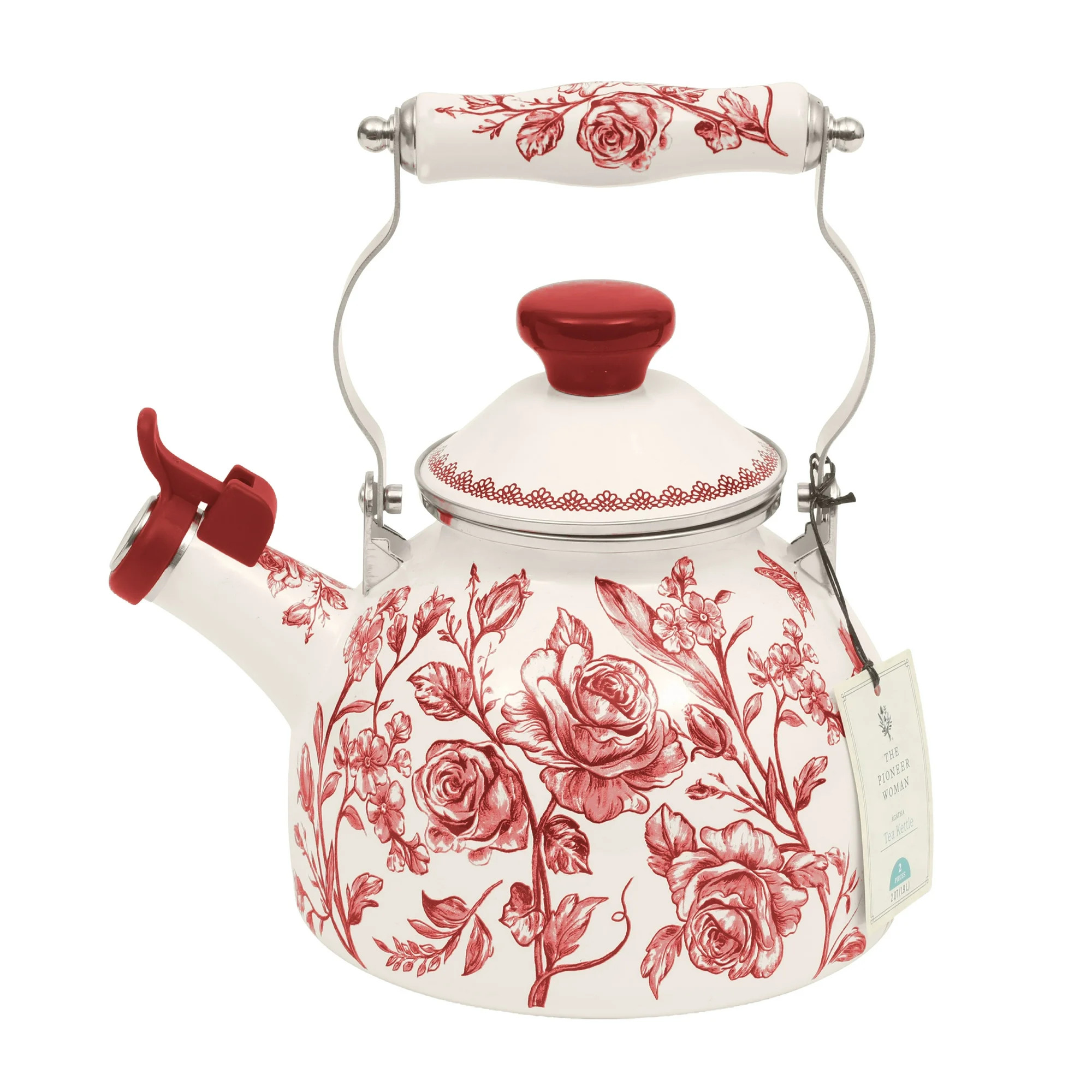 The Pioneer Woman Agatha 2.0-Quart Enamel on Steel Tea Kettle with Lid, Red | Walmart (US)