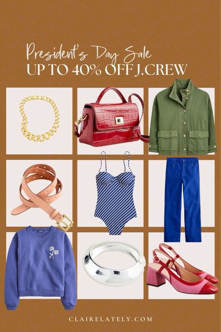 President’s day sale at J.Crew up to 40% off - including new arrivals! Favorites include  blue sailor pant, flower sweatshirt, stripe one piece swimsuit, red top handle bag, chunky gold necklace and silver cuff bracelet, perforated belt, spring jacket
❤️ Claire Lately 

#LTKfindsunder100 #LTKstyletip #LTKsalealert