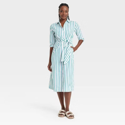 Women's Long Sleeve Tie-Front Midi Shirtdress - Universal Thread™ Green Striped XS | Target