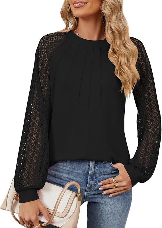 Women's Lace Long Sleeve Tops Rayon Blend Dressy Casual Blouses Pleated Work Shirts | Amazon (US)