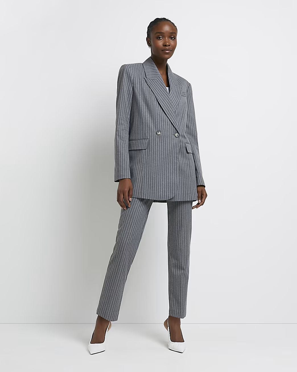 Grey pinstriped double breasted blazer | River Island (UK & IE)