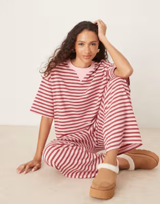 ASOS DESIGN textured striped boxy tee in pink & burgundy - part of a set | ASOS (Global)