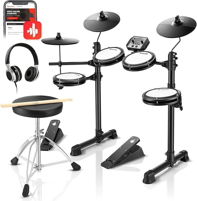 Donner DED-80 Electronic Drum Set with 4 Quiet Mesh Pads, 180+ Sounds, 2 Pedals, Throne, Headphon... | Amazon (US)