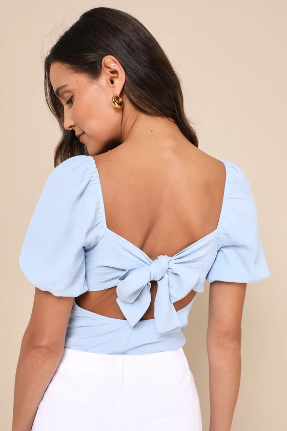 Abundance of Love Blue Textured Puff Sleeve Tie-Back Bodysuit | Lulus