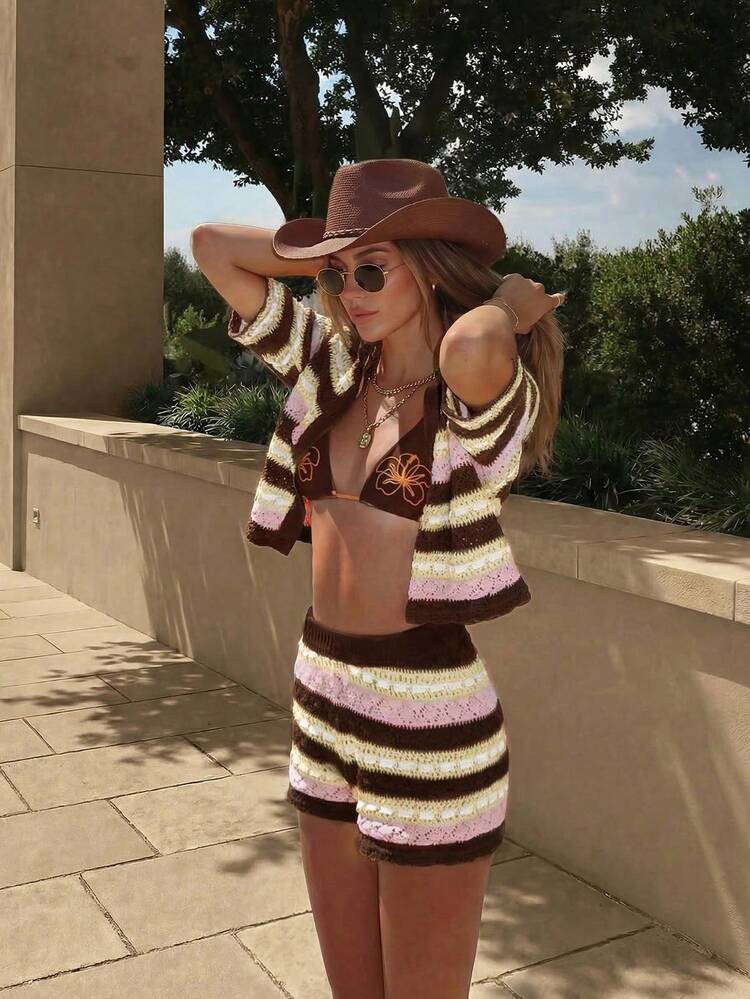 Mori 2026 Spring/Summer New Women's Colorblock Striped Crochet Set, Cropped Fitted Style, Suitable For Street Wear. Spring/Summer Women's Clothing, Music Festival, Weekend Outing, Casual Wear, Youthful Girl Style, Girlfriend Gathering, Daily Vacation Beach Outfit Pink | SHEIN