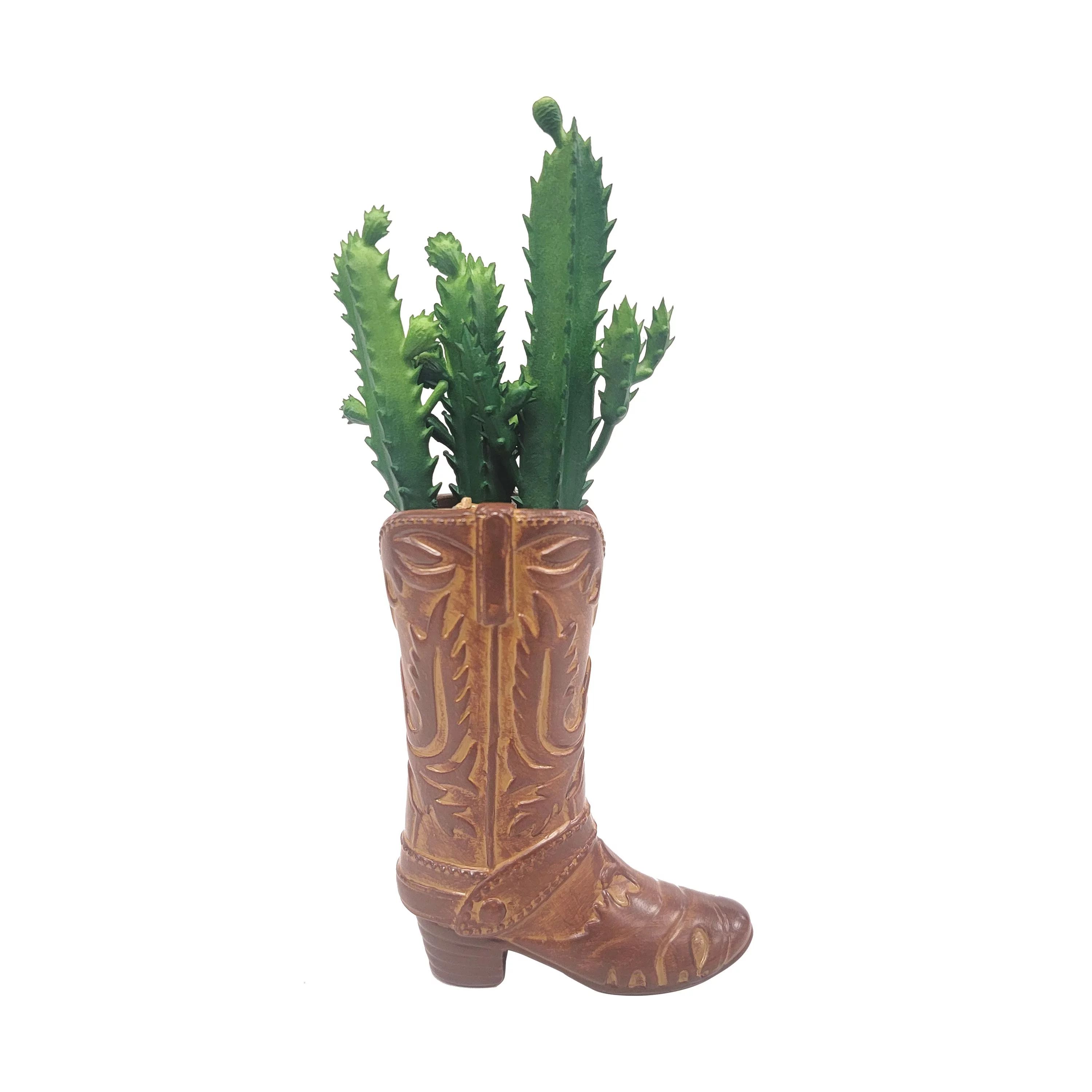 7.25" Artificial Cactus Succulent in Brown Ceramic Cowboy Boot Planter - Walmart.com | Walmart (US)