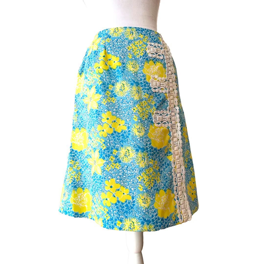 Vintage Lilly Pulitzer the Lilly A-line Skirt, Blue and Yellow Floral Skirt With Braid Trim, Lill... | Etsy (US)