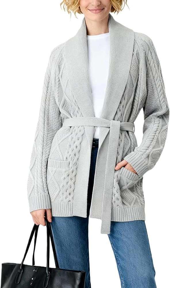 Majdan Womens Cable Knit Open Front Cardigan Casual Long Sleeve Wrap Sweater with Removable Belt | Amazon (US)