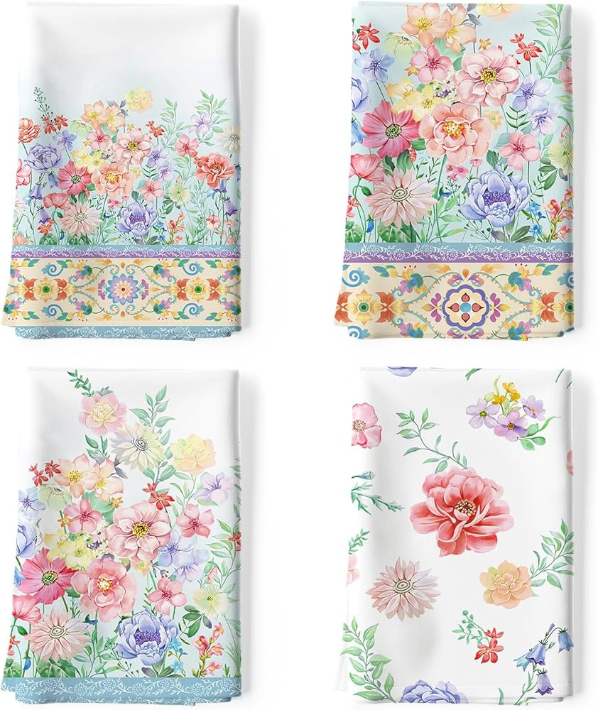 Watercolor Floral Tea Towels, Colorful 100% Cotton Kitchen Towel Set 20×27.5inch, Multi-Purpose ... | Amazon (US)