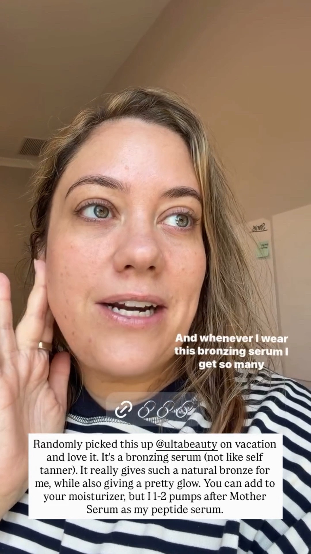 I’m wearing nothing on my face but this bronzing serum right now. I just picked it up on vacation, but it leaves such a nice glow and natural sun-kissed tint, and I’ve gotten so many compliments on it. You can mix it with your regular moisturizer or serum, but it’s also perfectly moisturizing on its own — no other product needed!

#LTKBeauty #LTKselfcare