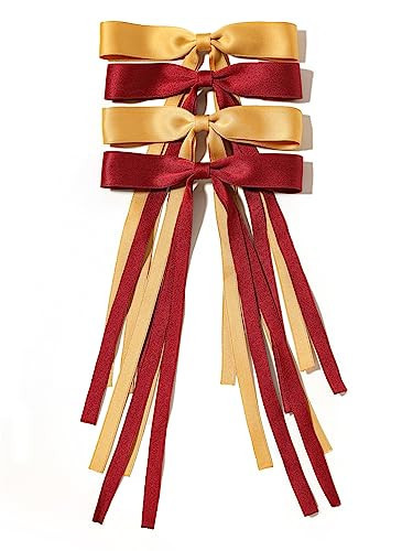 LFOUVRE Hair Accessories - 4pcs Bow Clips with Long Tails, Solid Tassel Bowknot Barrettes, Metal Barrettes for Women, Girls in Yellow and Burgundy | Amazon (US)
