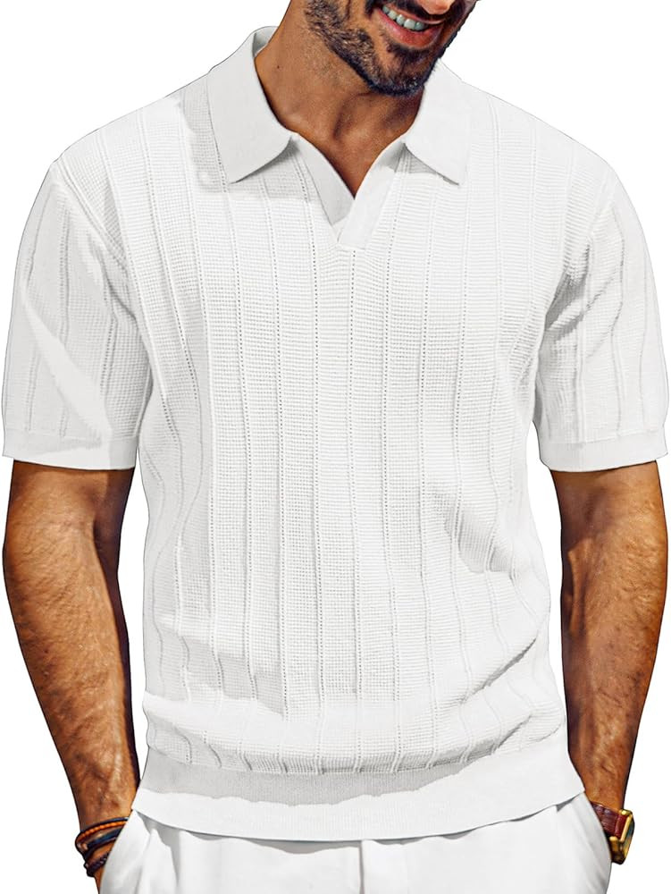 PJ PAUL JONES Mens Polo Shirts V-Neck Knit Polo Textured Summer Shirts | Amazon (US)