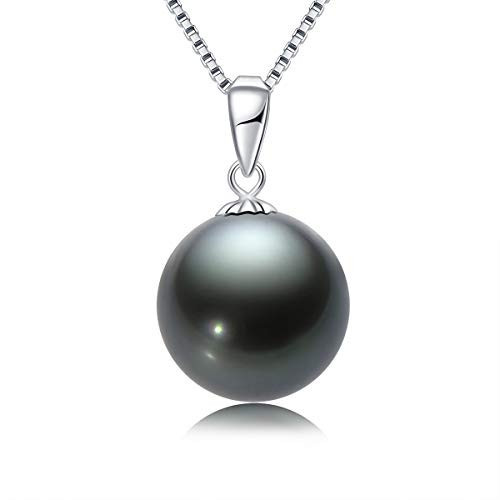 18K Gold Black Pearl Necklace for Women, 9-10mm Genuine Tahitian Cultured Single Pearls Pendant Choker Jewelry Gifts for Mom Wife Daughter (White Gold) | Amazon (US)