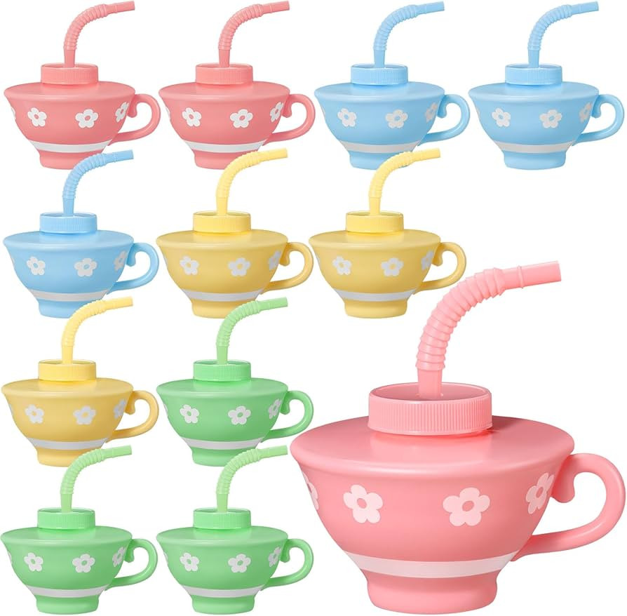 Zhehao 12 Pieces Plastic Kids Tea Cups with Lids and Straws for Tea Party, 9 oz Reusable Creative... | Amazon (US)