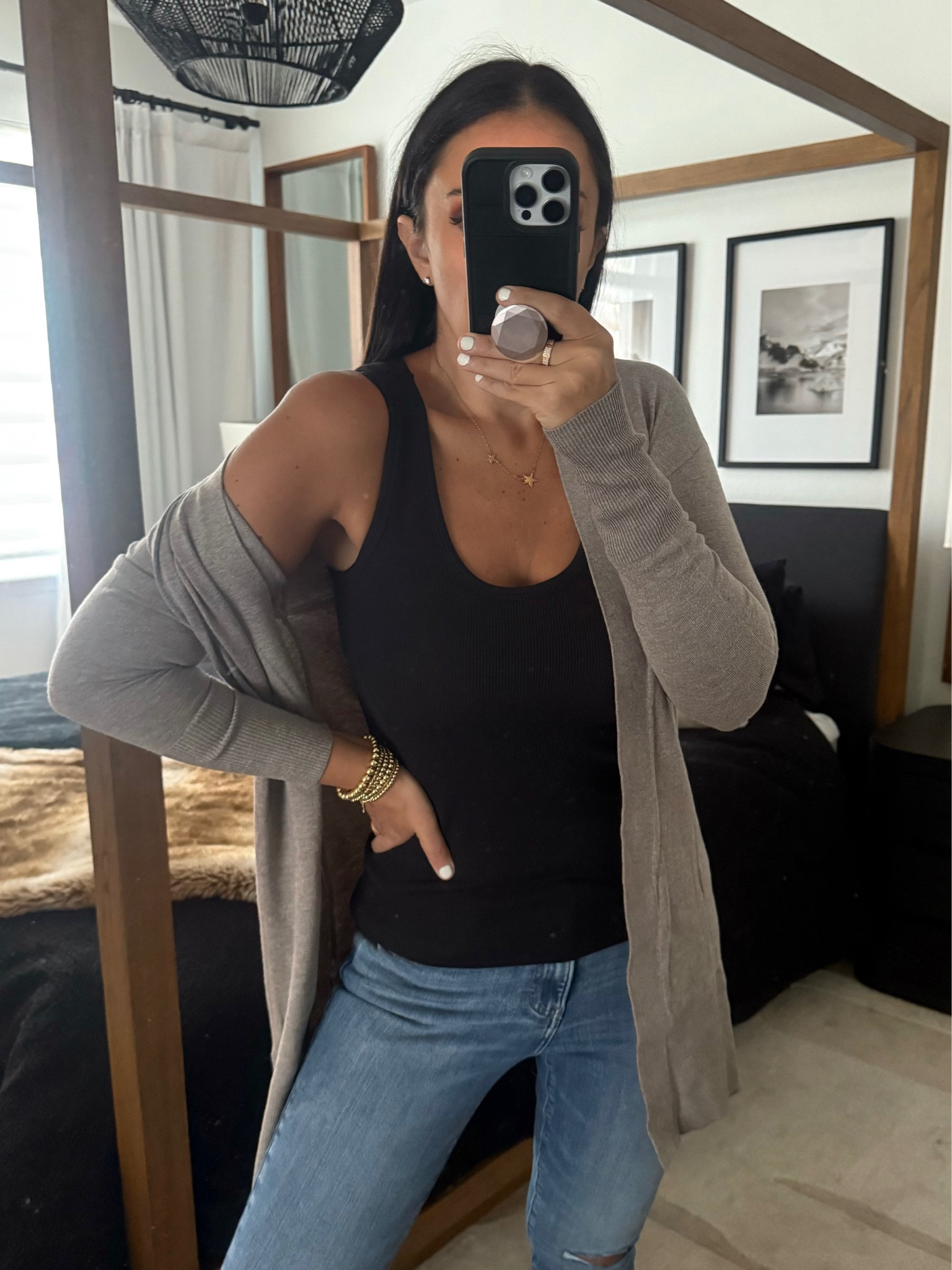 Open Front Duster Cardigan. Mid Rise Light Wash FlexX Ripped Raw Hem Skinny Jeans
