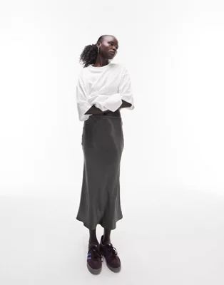 Topshop Petite satin bias midi skirt in charcoal | ASOS (Global)