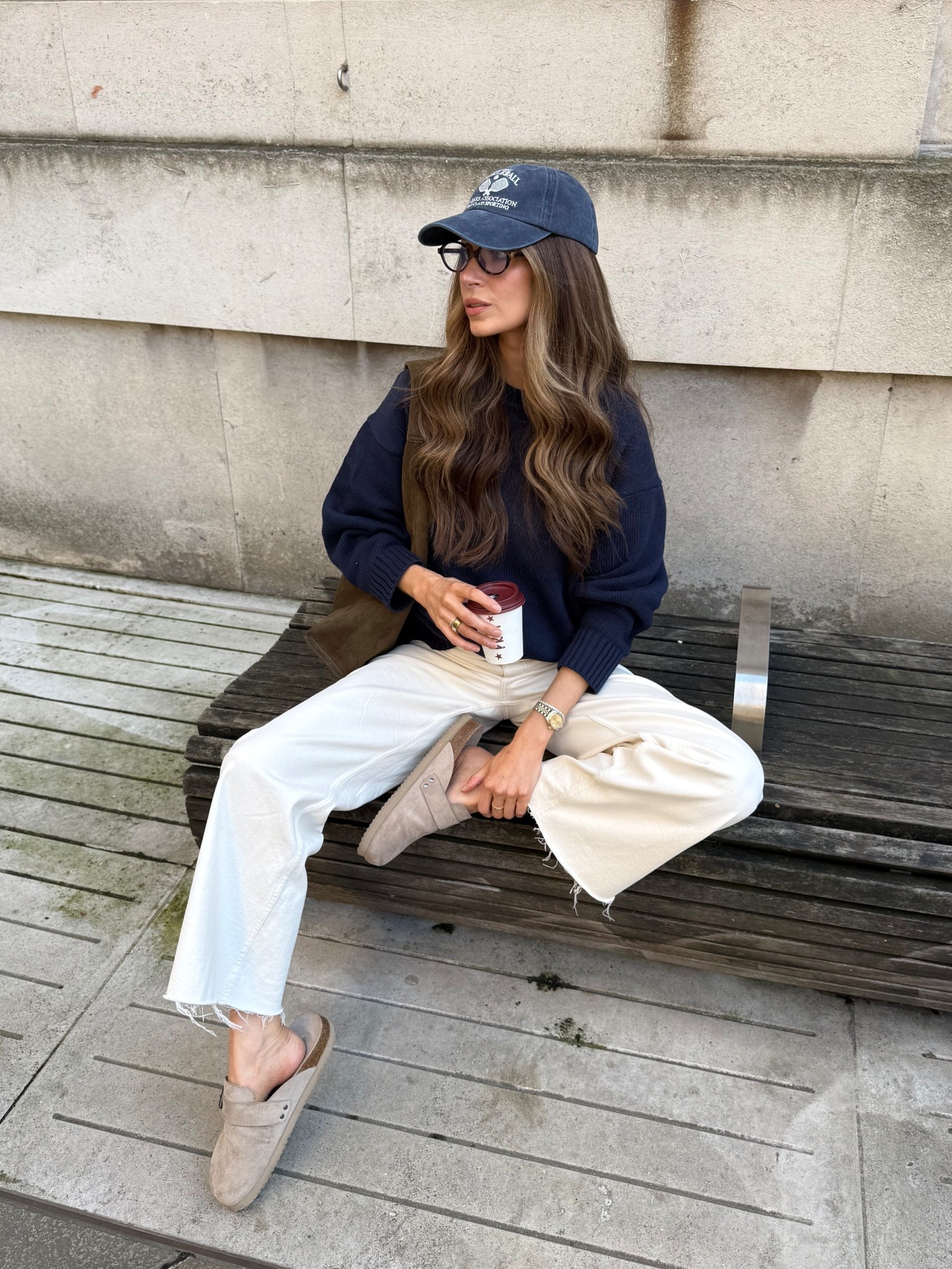 Casual everyday spring outfit 💙 White jeans, navy jumper, cap and mules 🤍 

#LTKuk #LTKeurope #LTKspring
