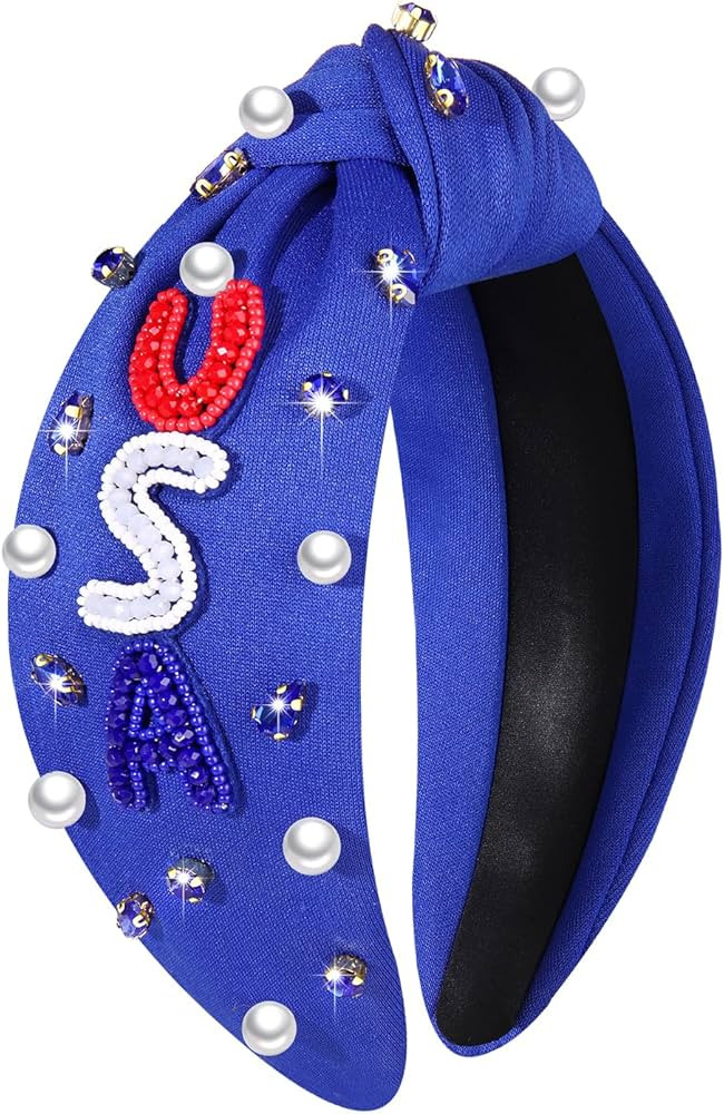 NVENF 4th of July Headbands, American Flag Star Headband Pearl Crystal Rhinestone Knotted Headban... | Amazon (US)