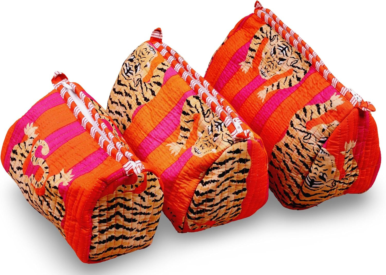 LKGSM RUGS 3pcs Quilted Cotton Tiger Print Travel Toiletry Bags, Cosmetic Organizer Set Make up Bag (G) | Amazon (US)
