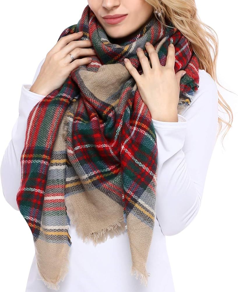 Bess Bridal Women's Plaid Blanket Winter Scarf Warm Cozy Tartan Wrap Oversized Shawl Cape | Amazon (US)