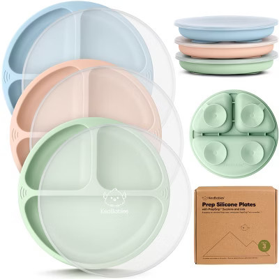 3-Pack Prep Suction Plates with Lids, 100% Silicone Baby Plates with Lid, BPA-Free Kids Divided Toddler Plates (Mellow) | Target