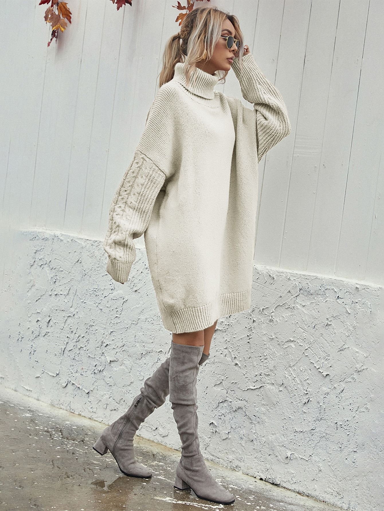 Drop Shoulder Oversized Cable Knit Sweater Dress | SHEIN