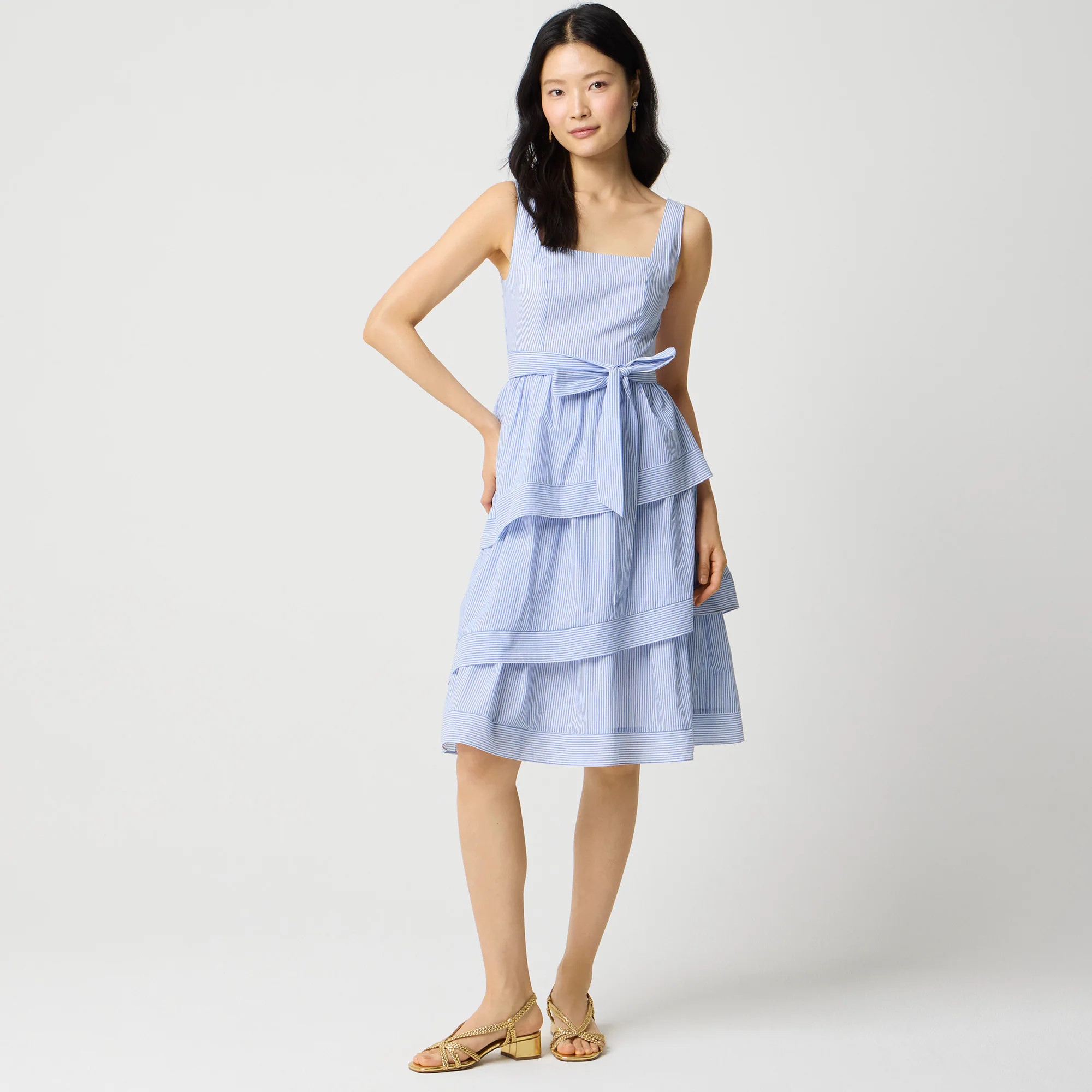 Striped sleeveless belted tiered dress | J.Crew Factory