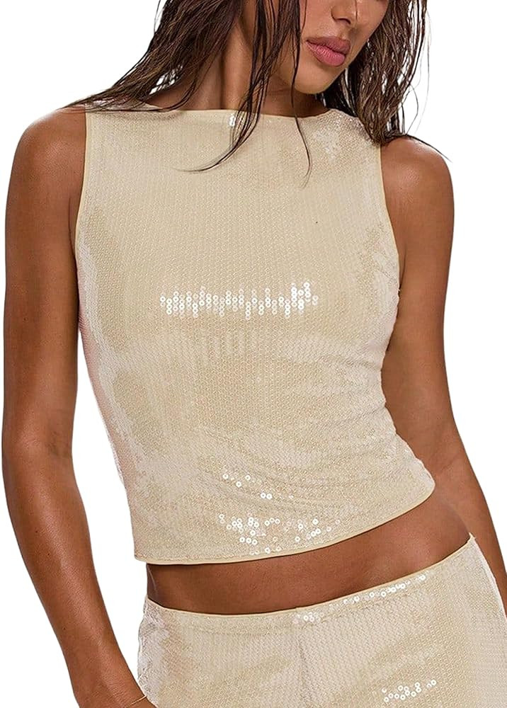 Women's Sparkly Sequin Tops Glitter Shiny Tank Top Going Out Sleeveless Crop Y2k Rave Tops Party ... | Amazon (US)