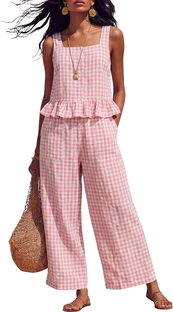 Tanming 2 Piece Sets For Women Plaid Gingham Summer Tank Top Wide Leg Pants Matching Outfit Beach... | Amazon (US)