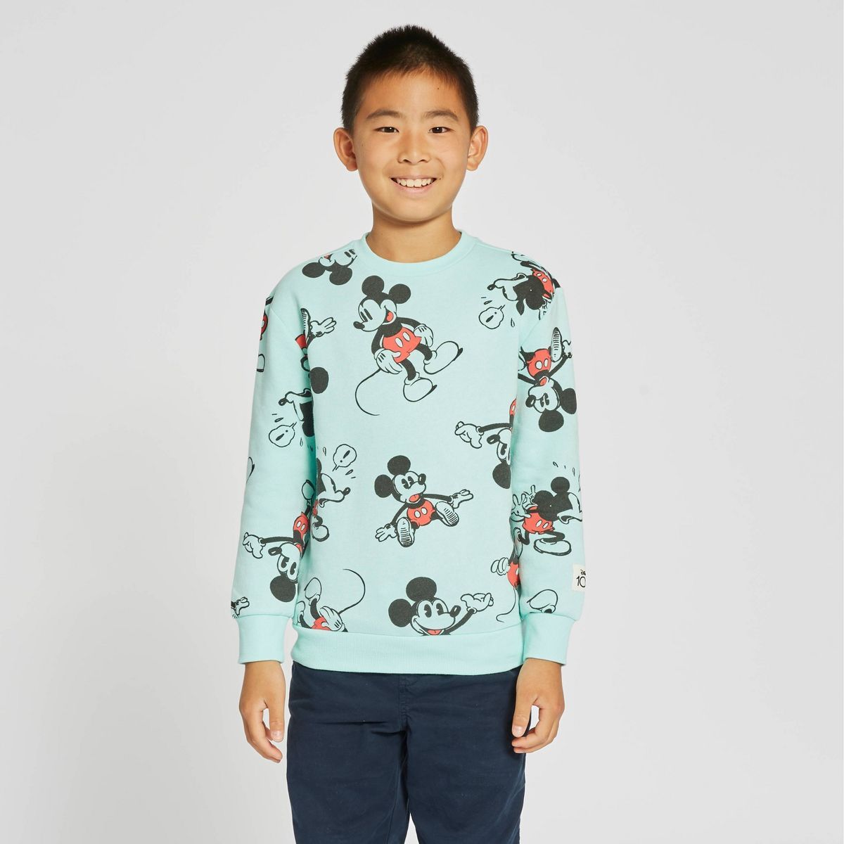Kids' Disney 100 Mickey Mouse & Friends Toss Printed Crew Pullover Sweatshirt - Light Aqua Blue | Target