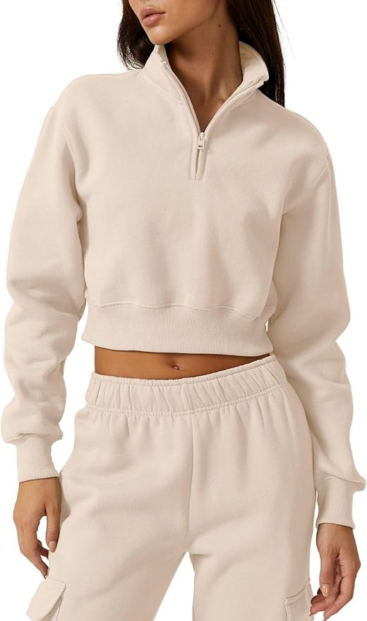 QINSEN Womens Half Zip Crop Sweatshirt High Neck Long Sleeve Pullover Cropped Top | Amazon (US)