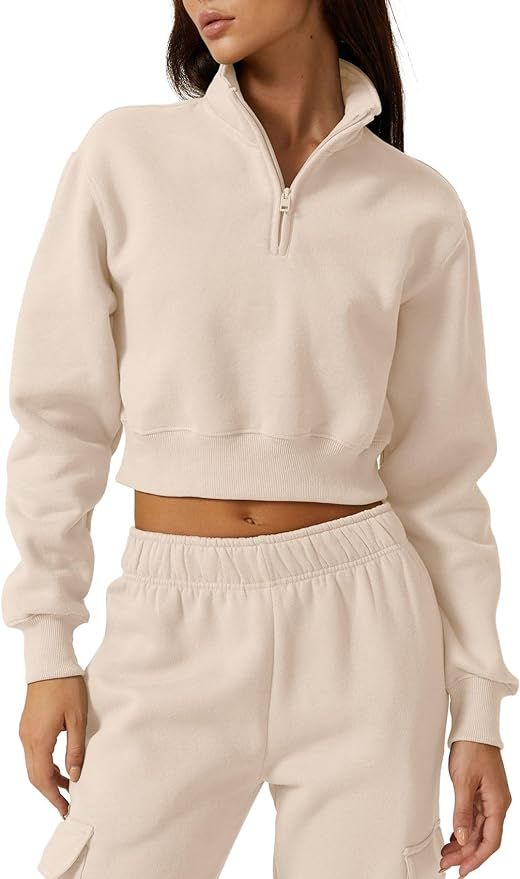 QINSEN Womens Half Zip Crop Sweatshirt High Neck Long Sleeve Pullover Cropped Top | Amazon (US)