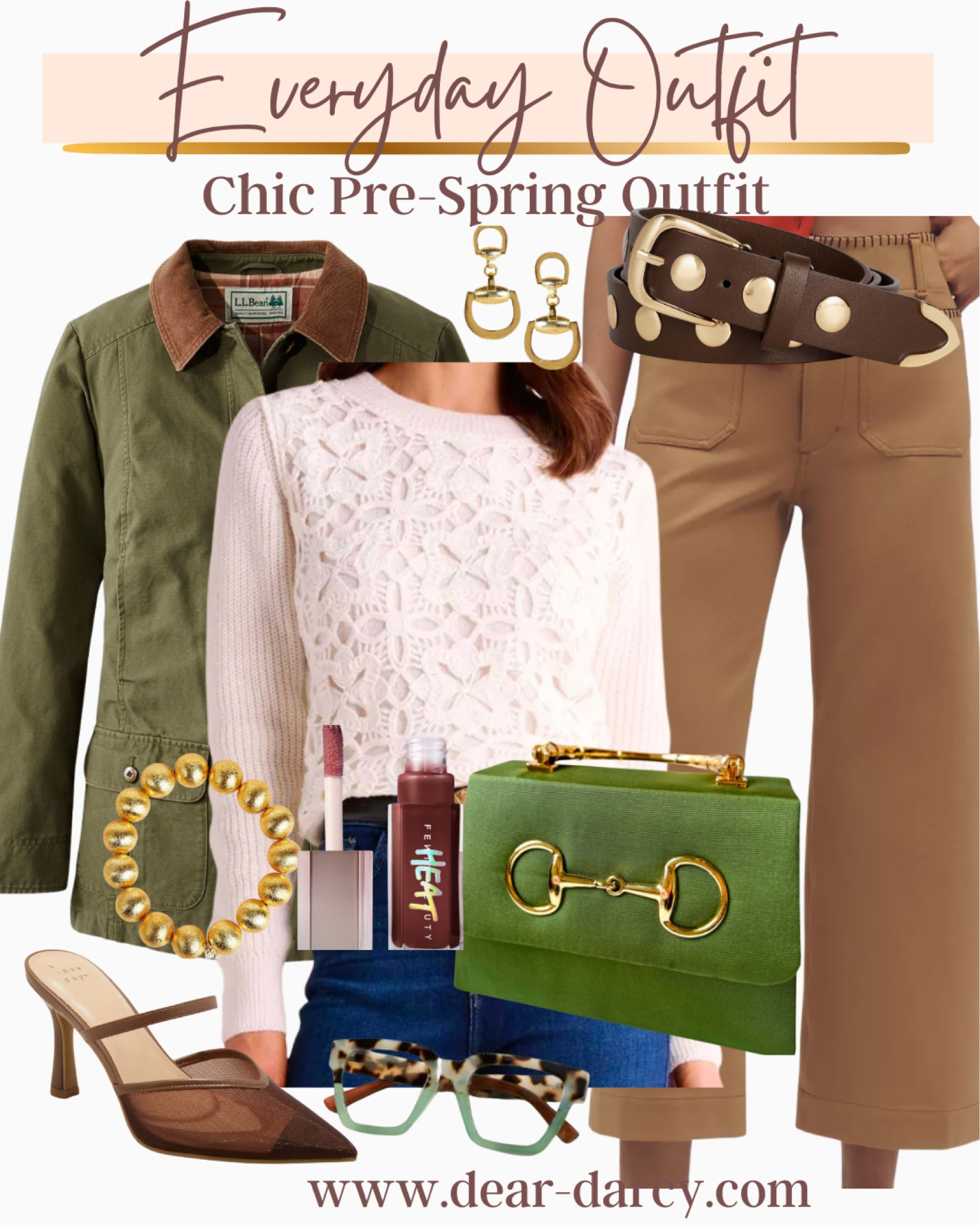Everyday outfit 
Pre Spring- country Estate vibe 

The perfect pieces to take you thru spring and even into Fall 

A great green barn jacket affordable and true to size 

Front patch pocket camel colored cropped pants tts

Pretty crochet lightweight lace sweater tts

Amazon find studded belt looks like the designer and fraction of the cost 

Great brown/sheer kitten heels affordable and easy to wear tts Amazon find

Lisi lurch gold bead bracelet a great staple piece and house bit earrings  

A great great bag with horse bit detail 

Fenty beauty heat lip plumper

Peepers readers eyeglasses under $25 love the leopard and green combo
 

#LTKOver40 #LTKStyleTip #LTKFindsUnder100