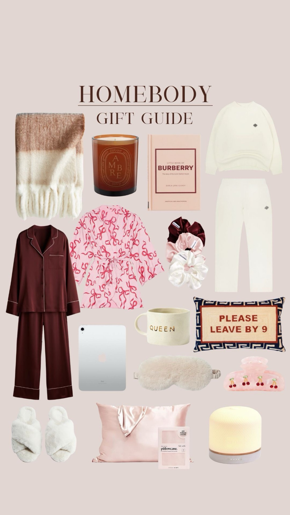 Homebody gift guides, for those who love a cozy evening in 🫶🏼❄️

Satin pyjamas, couture club cream lounge set, diptyque candle, fluffy blanket, sleep mask, claw clip, iPad, silk scrunchies, silk pillowcase 

#LTKuk #LTKwinter #LTKgiftguide