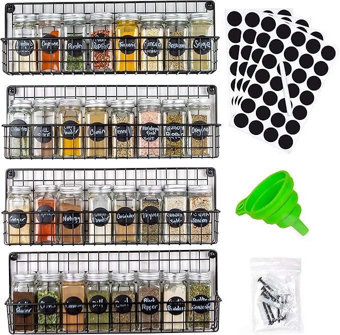 Hanging Spice Rack Wall Mount - 4 Stylish, Sturdy Spice Racks with 32 Glass Spice Jars, Reusable ... | Amazon (US)
