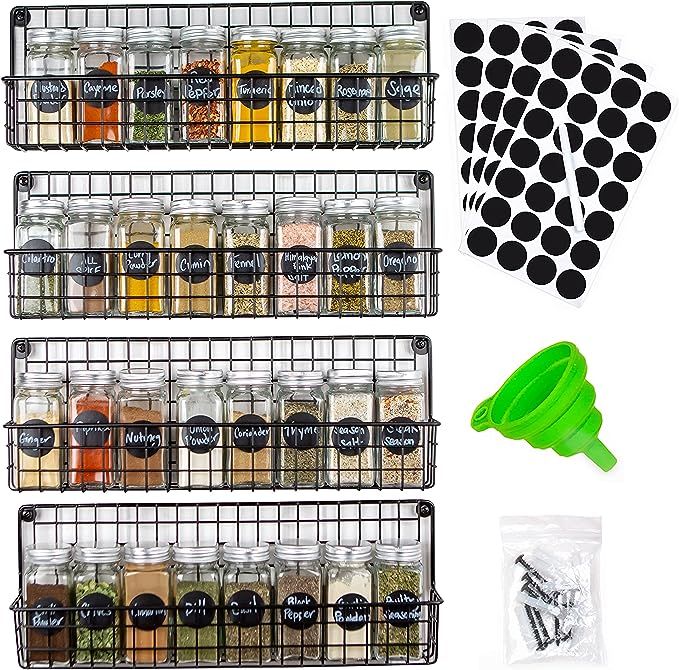 Hanging Spice Rack Wall Mount - 4 Stylish, Sturdy Spice Racks with 32 Glass Spice Jars, Reusable ... | Amazon (US)