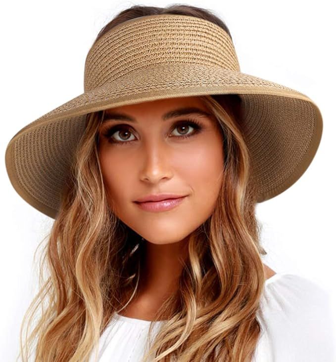 Sun Visor Hats for Women Wide Brim Straw Roll Up Ponytail Summer Beach Hat UV UPF 50 Packable Fol... | Amazon (US)
