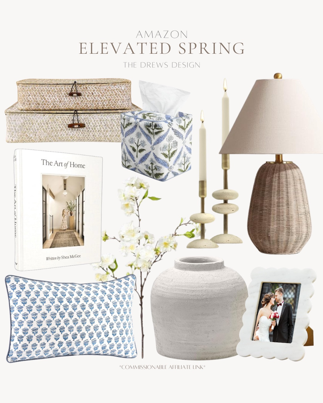 Elevated spring home decor includes table lamp, candlestick holders, tissue box cover, decorative boxes, coffee table book, decorative pillow, floral stems, vase, frame.

Home decor, home accents, looks for less, coastal decor

#LTKHome #LTKSaleAlert #LTKSeasonal
