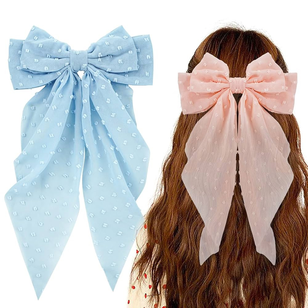 Big Bow Hair Accessories 2pcs, Long Tail French Barrettes for Women & Girls, Pink Blue Soft Bow C... | Amazon (US)