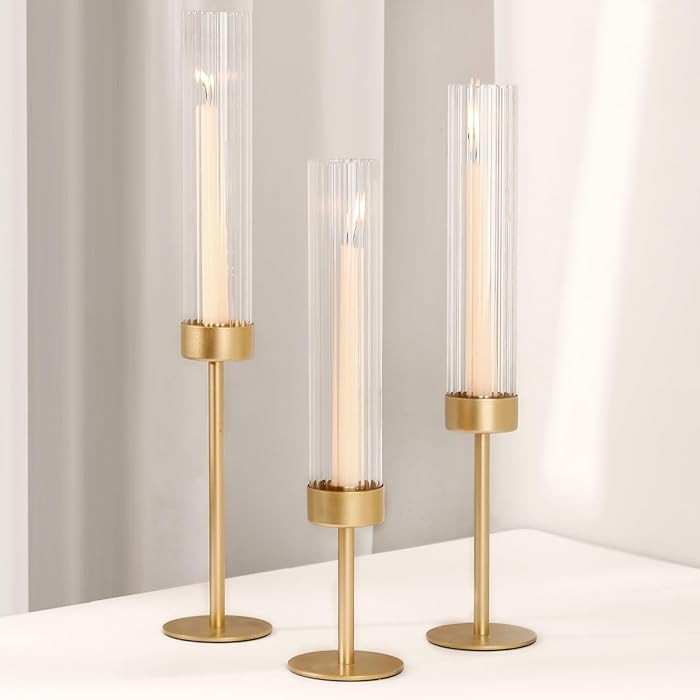 Glass Hurricane Candle Holders Set (3pcs)-Gold Metal Base Taper Candle Stick Holders for Candlest... | Amazon (US)