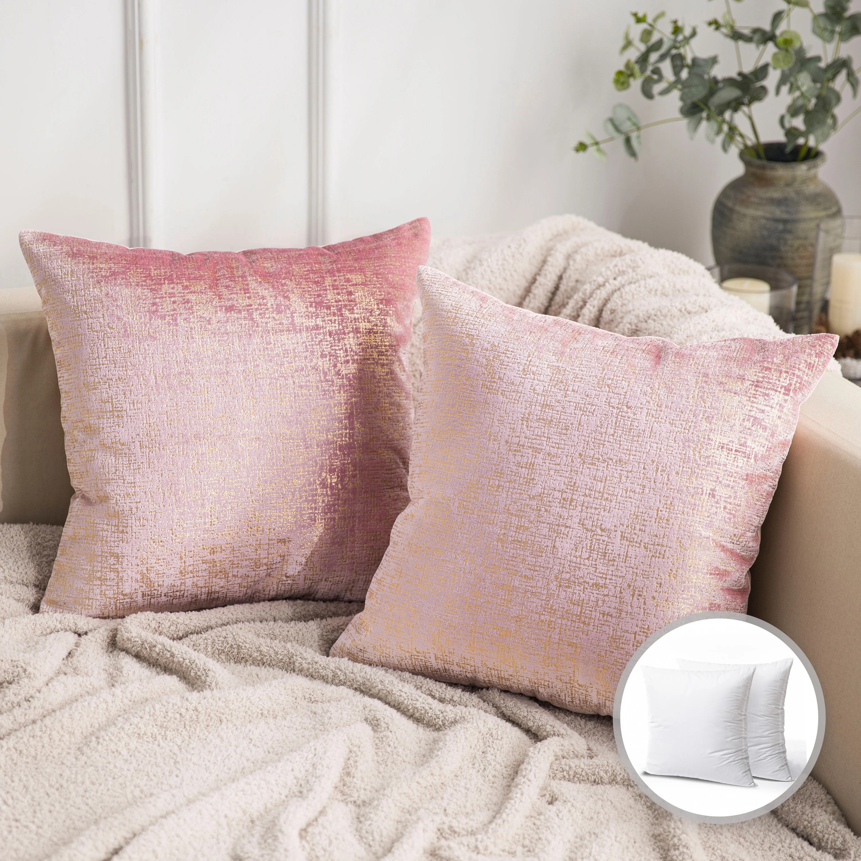 Phonoscope Bronzing Soft Solid Velvet Decorative Throw Pillow for Couch, Pink, 18" x 18", 2 Pack | Walmart (US)