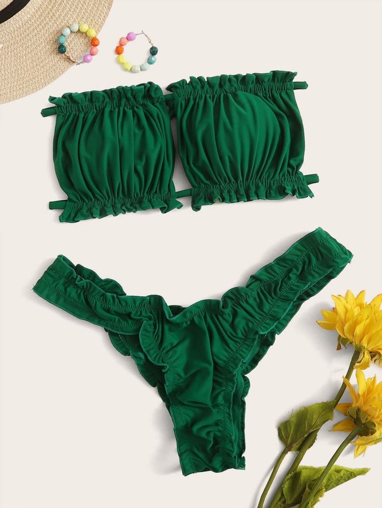 Ruched Lettuce Trim Bandeau Bikini Swimsuit | SHEIN