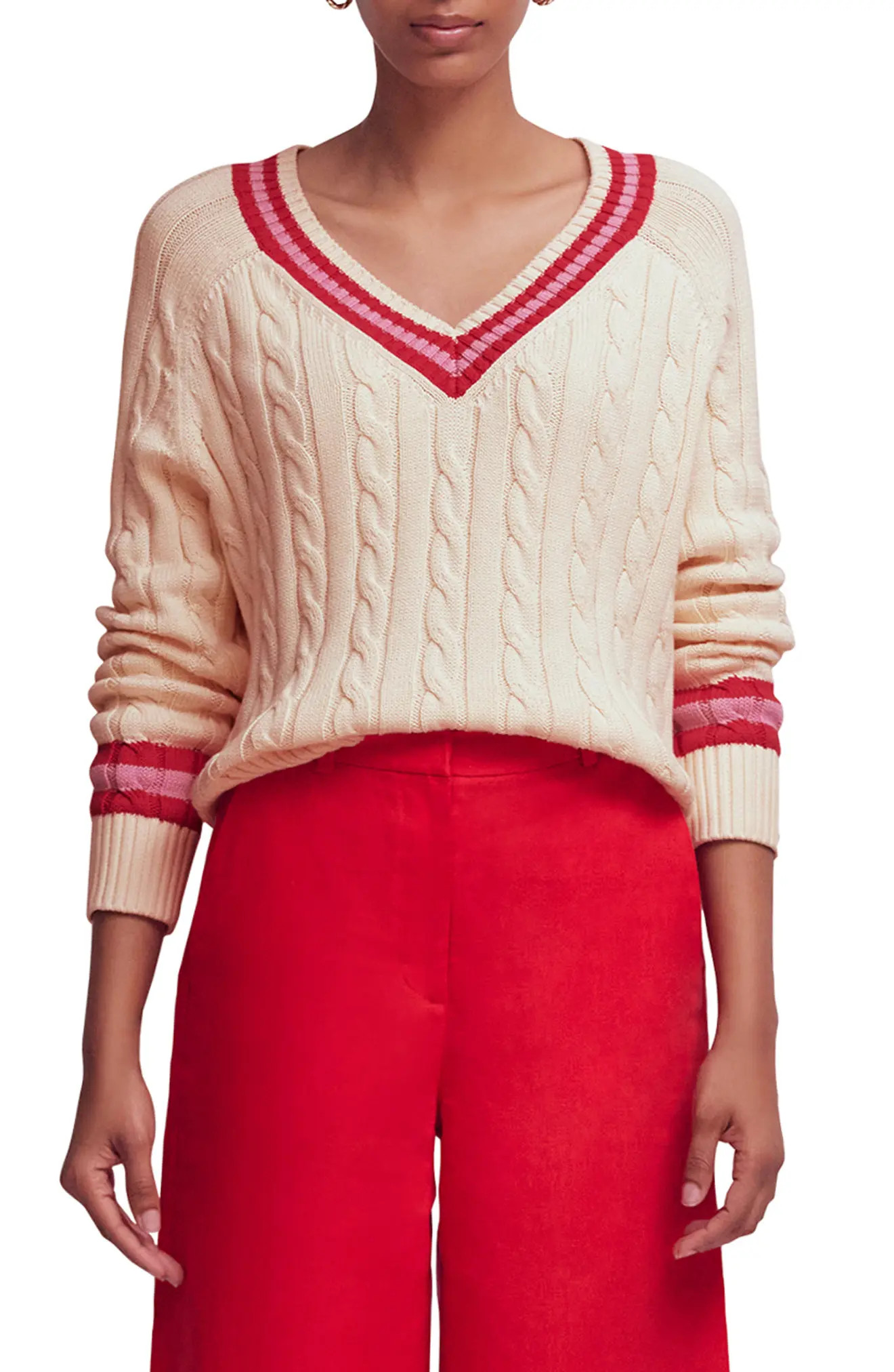 Maeve Cable Stitch Cotton V-Neck Sweater (Women) | Nordstrom | Nordstrom