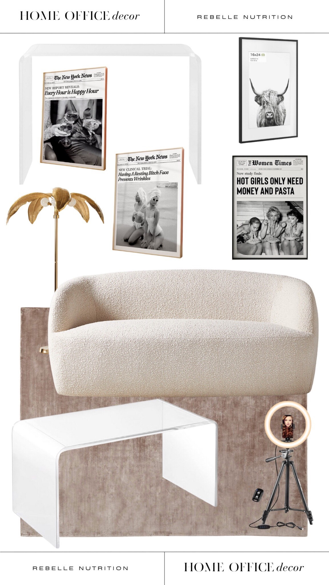Sharing all the details from my home office! A modern yet girly home office space with lots of fun accessories and of course, a tripod ring light! Linked exact products that I have in my office.

Pink area rug, girly area rug, CB2 rug, CB2 loveseat, velvet loveseat, modern loveseat, acrylic coffee table, modern coffee table, acrylic console table, modern console table, palm tree floor lamp, brass palm tree floor lamp, CB2 floor lamp, newspaper print, wall print, funny wall print, girly wall print, poster frame, modern frame, ring light, iPhone ring light, iPhone tripod 

#LTKstyletip #LTKhome #LTKsalealert
