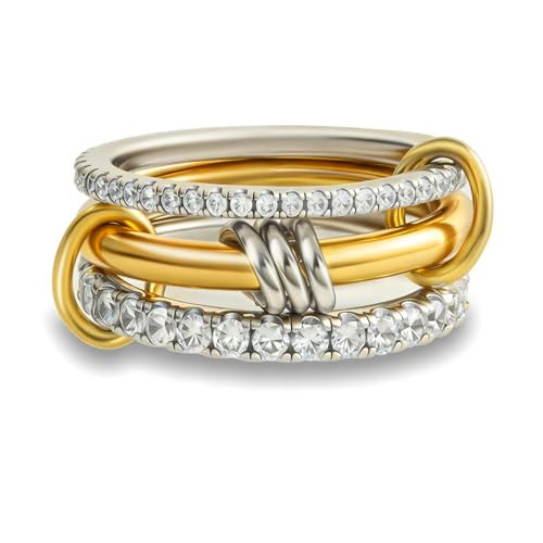 Gold Stackable Rings for Women Non Tarnish,Dainty 18k Gold Plated CZ Cubic Zirconia Rings,Silver and Gold Rings Set,Multi-Link Connected Rings (Three rings set, 6) | Amazon (US)
