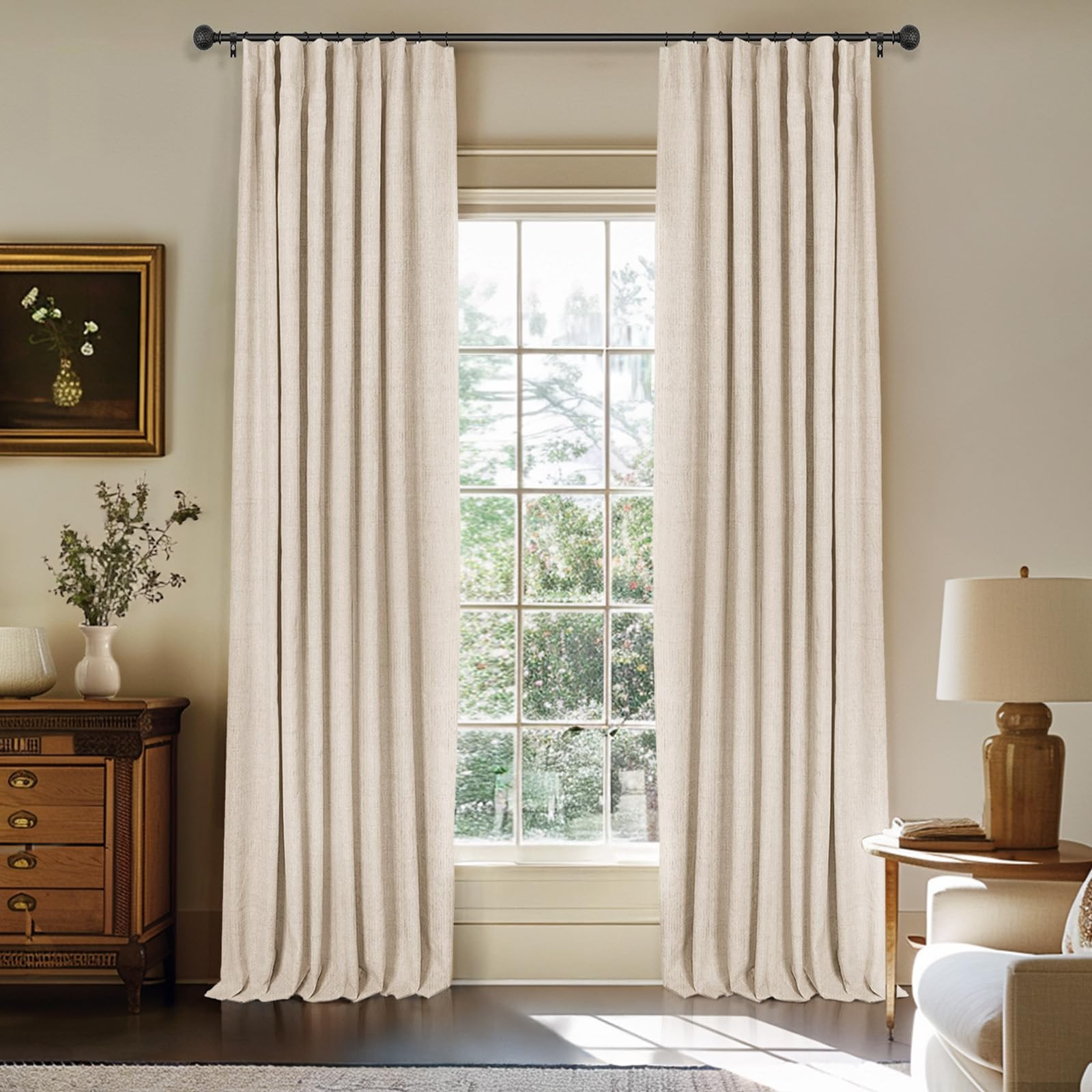 INOVADAY 100% Blackout Curtains for Bedroom, Black Out Curtains 84 Inch Long, Clip Rings Linen Blackout Drapes, Thermal Insulated Room Darkening for Living Room, 2 Panels - Oatmeal,W50xL84 | Amazon (US)