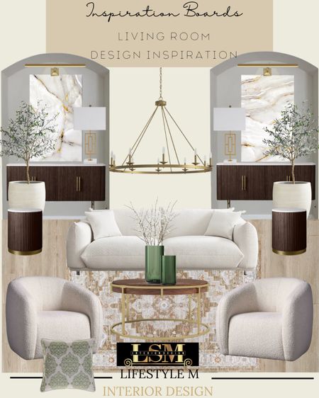 Moody and cozy living room inspiration. Recreate the look. White sofa, white accent chair, brown living room rug, wood round coffee table, green vase, faux fake plant, round wood end table, brown wood console table, table lamp, wall art, gallery light led, brass gold wheel living room chandelier, wood floor tile, throw pilloe.

#LTKstyletip #LTKhome #LTKFind