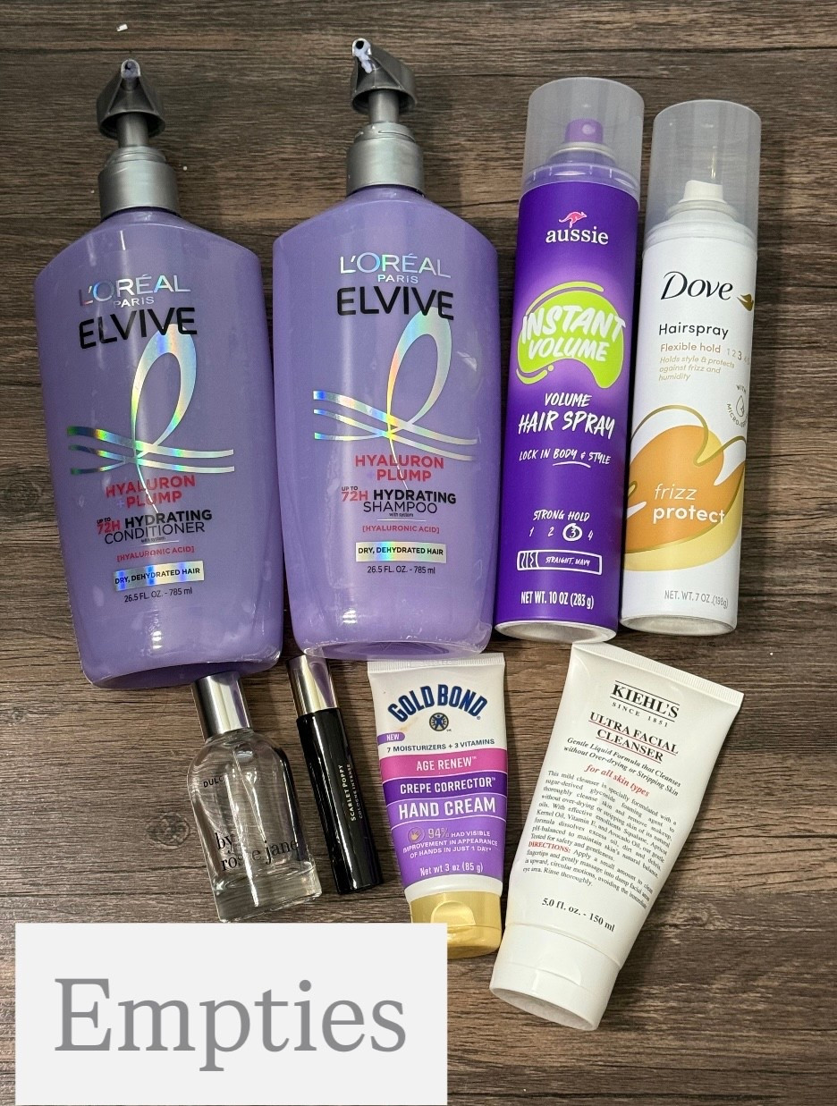 Empties, hair care empties, perfume empties, Loreal, Aussie, Dove, Rosie Jane, Jo Malone, Gold Bond, Kiehls, February empties 

#LTKgrwm #LTKselfcare #LTKmomlife